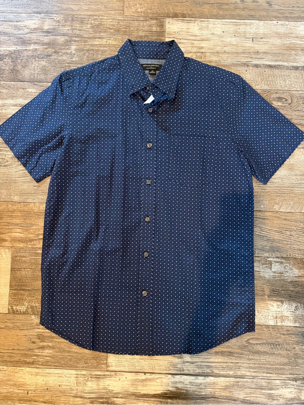 Banana Republic Navy Blue Short-Sleeve Button-Up with Micro Dot Print